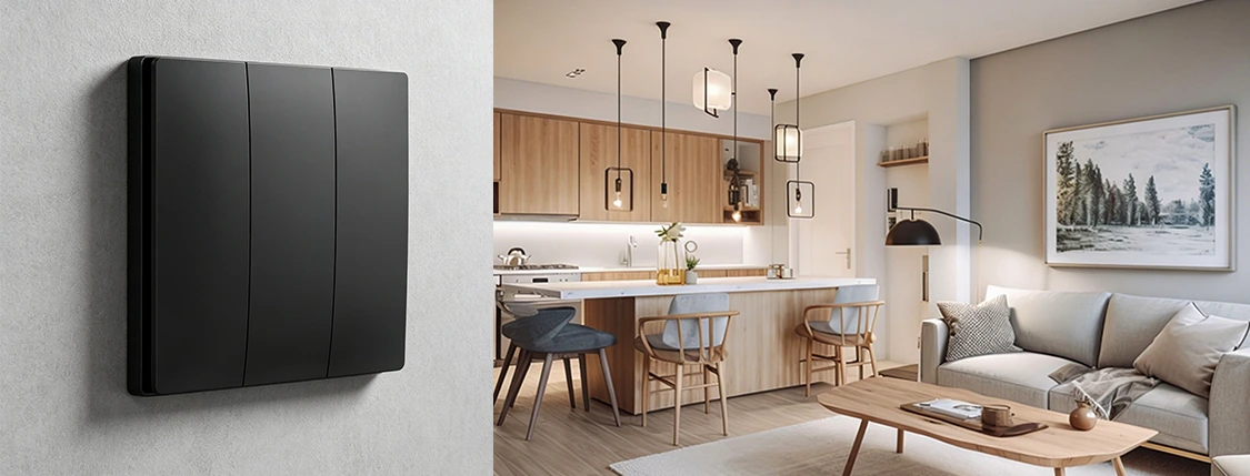 Interruttore wireless nero accanto a una cucina e un soggiorno moderni