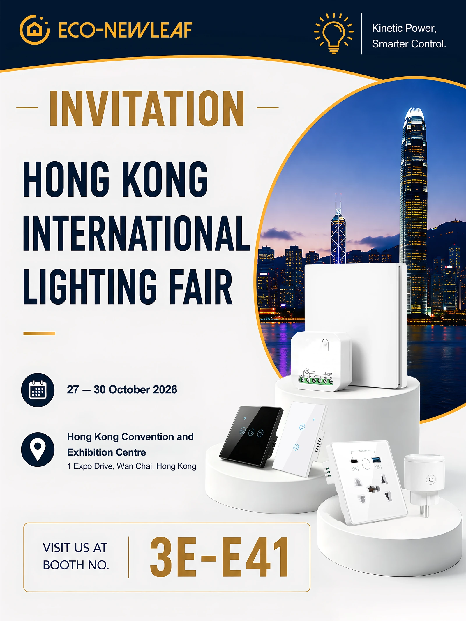 ECO-NEWLEAF invitation: Hong Kong International Lighting Fair, 27–30 October 2026, booth 3E-E41 at the Hong Kong Convention and Exhibition Centre
