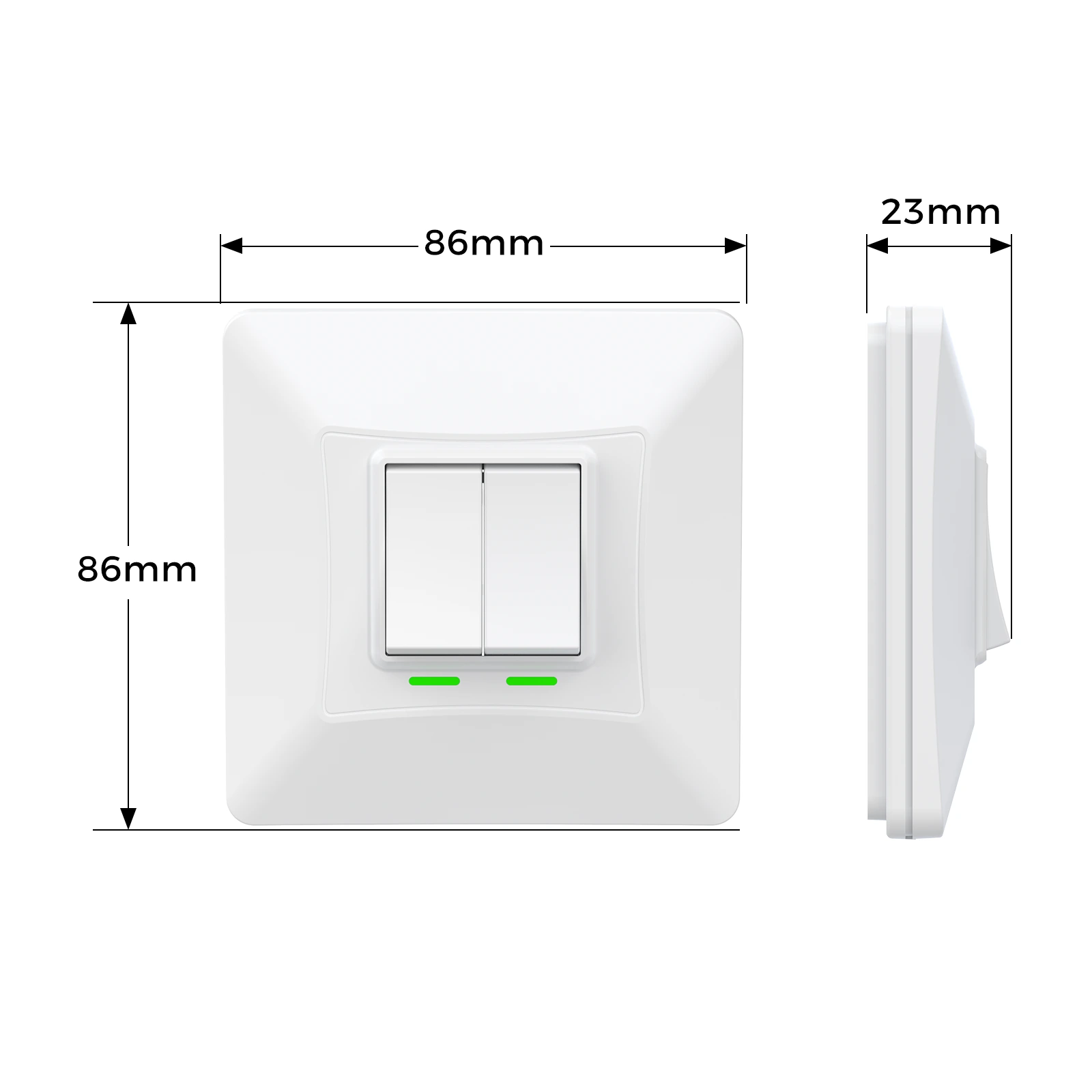 K302 white 2-gang kinetic switch — dimensions view