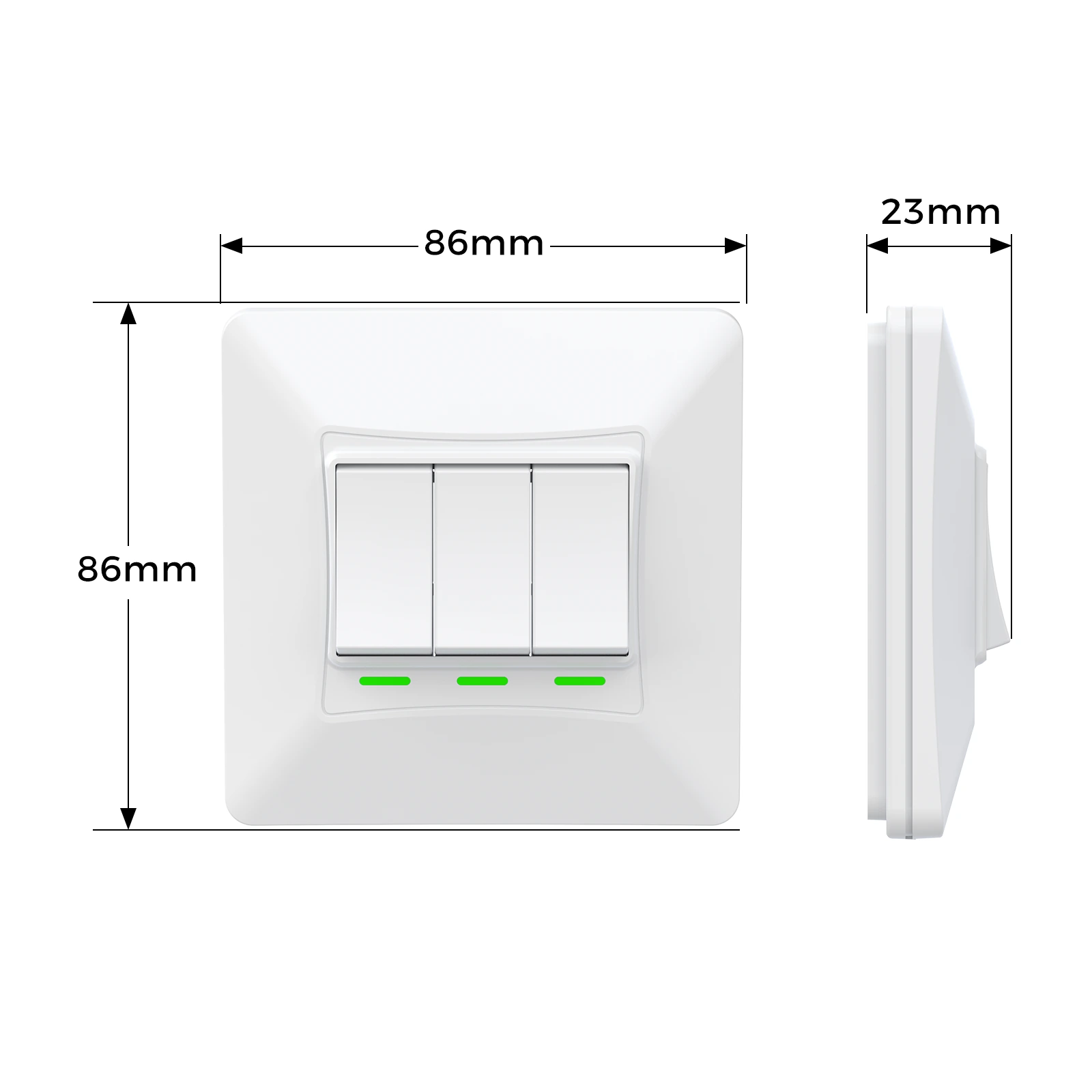 K303 white 3-gang kinetic switch — dimensions view