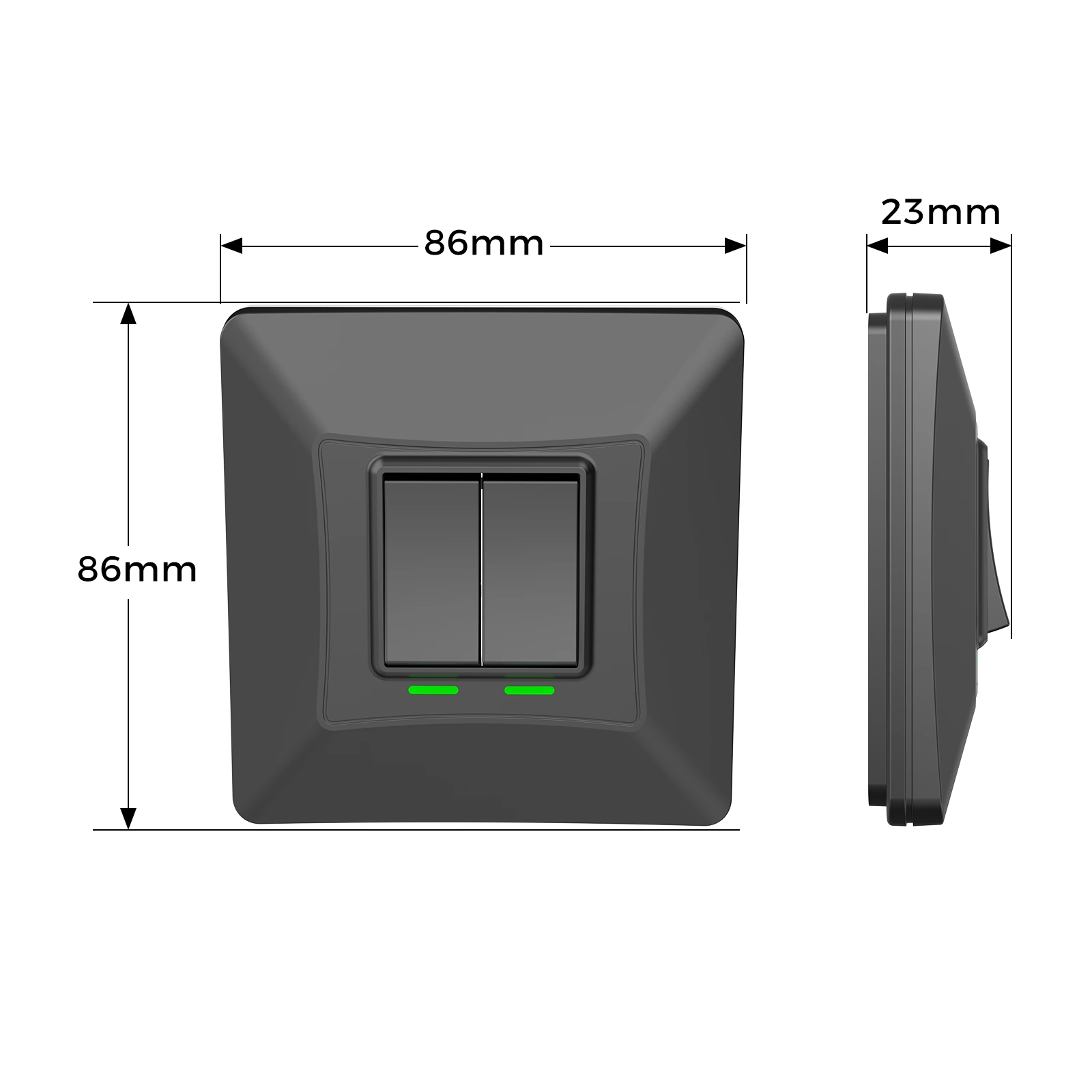 K312 black 2-gang kinetic switch — dimensions view