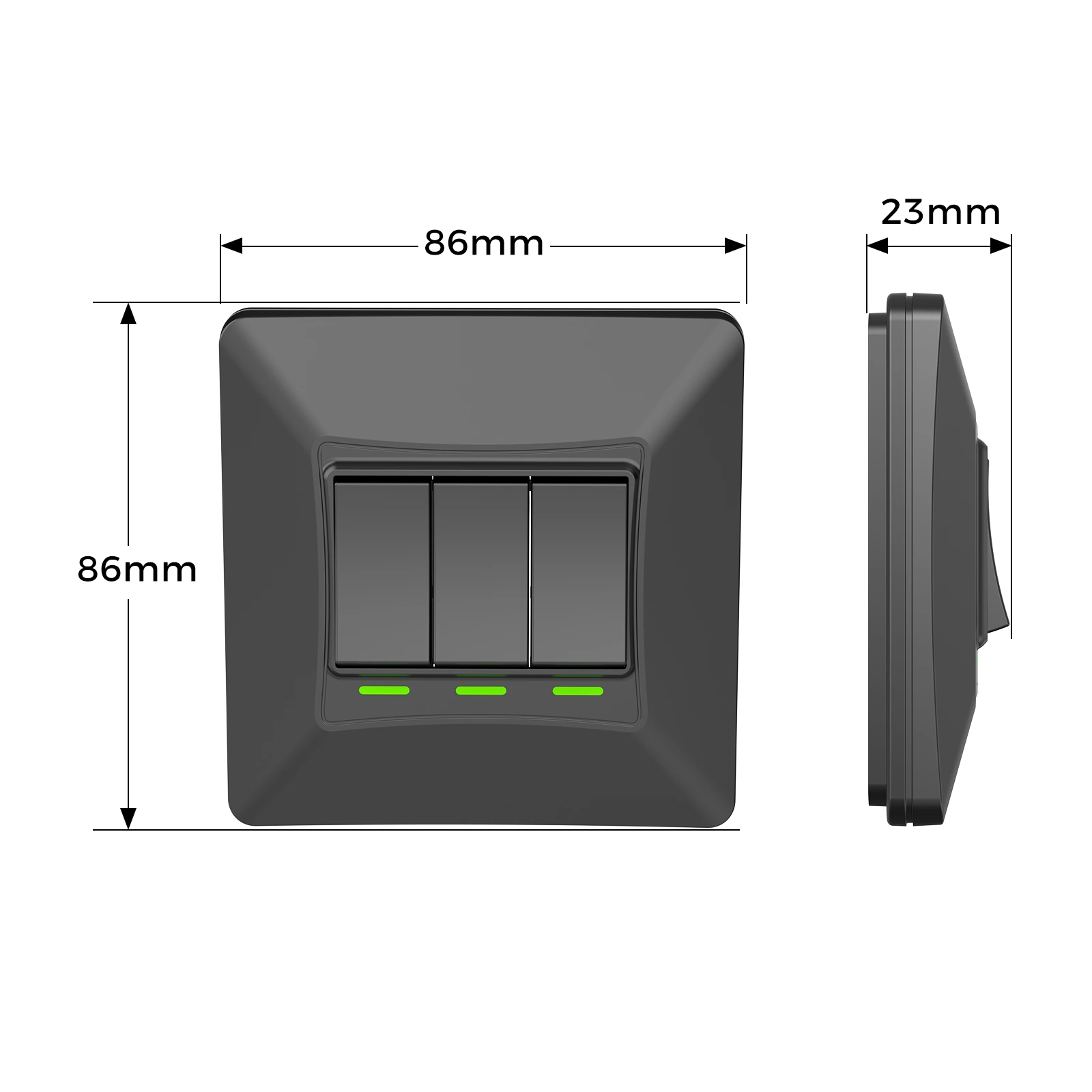 K313 black 3-gang kinetic switch — dimensions view